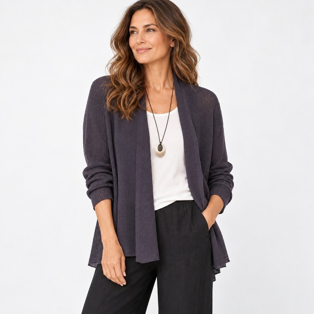 Eileen Fisher Open Knit Cardigan XL Gray Organic Linen Minimalist Quiet Luxury